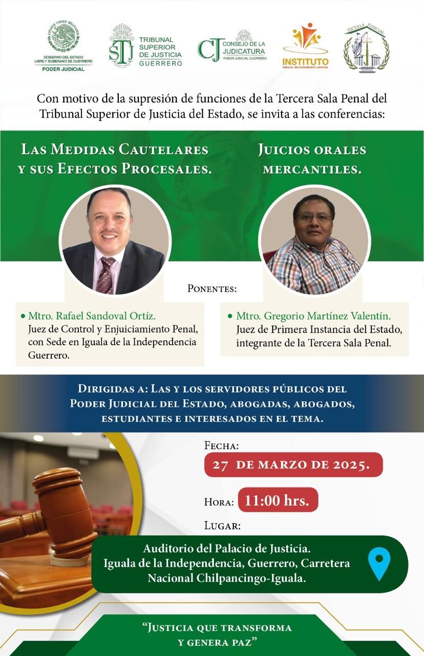 Flyer del curso LAS MEDIDAS CAUTELARES Y SUS EFECTOS PROCESALES; Y JUICIOS ORALES MERCANTILES