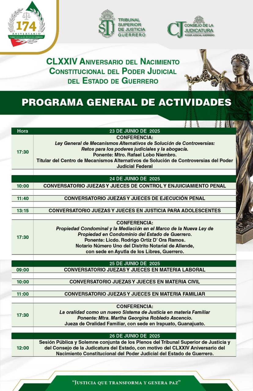 Flyer del curso LEY GENERAL DE MECANISMOS ALTERNATIVOS DE SOLUCIÓN DE CONTROVERSIAS: RETOS PARA LOS PODERES JUDICIALES Y ABOGACÍA; PROPIEDAD CONDOMINAL Y LA MEDIACIÓN EN EL MARCO DE LA NUEVA LEY DE PROPIEDAD EN CONDOMINIO DEL ESTADO DE GUERRERO; LA ORALIDAD COMO UN NUEVO SISTEMA DE JUSTICIA EN MATERIA FAMILIAR