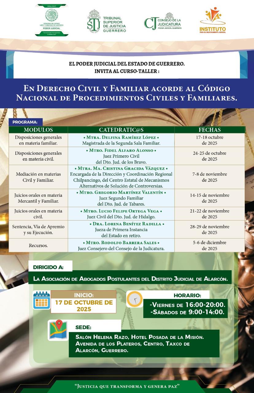 Flyer del curso EN DERECHO CIVIL Y FAMILIAR ACORDE AL CÓDIGO NACIONAL DE PROCEDIMIENTOS CIVILES Y FAMILIARES.