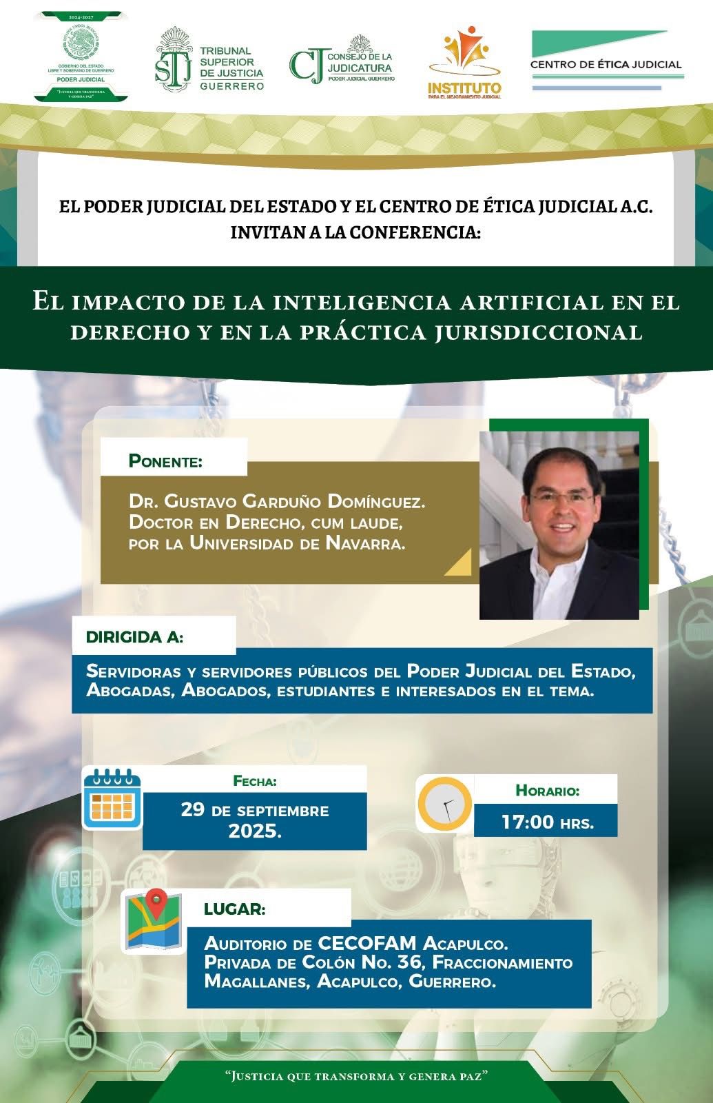 Flyer del curso EL IMPACTO DE LA INTELIGENCIA ARTIFICIAL EN EL DERECHO Y EN LA PRÁCTICA JURISDICCIONAL