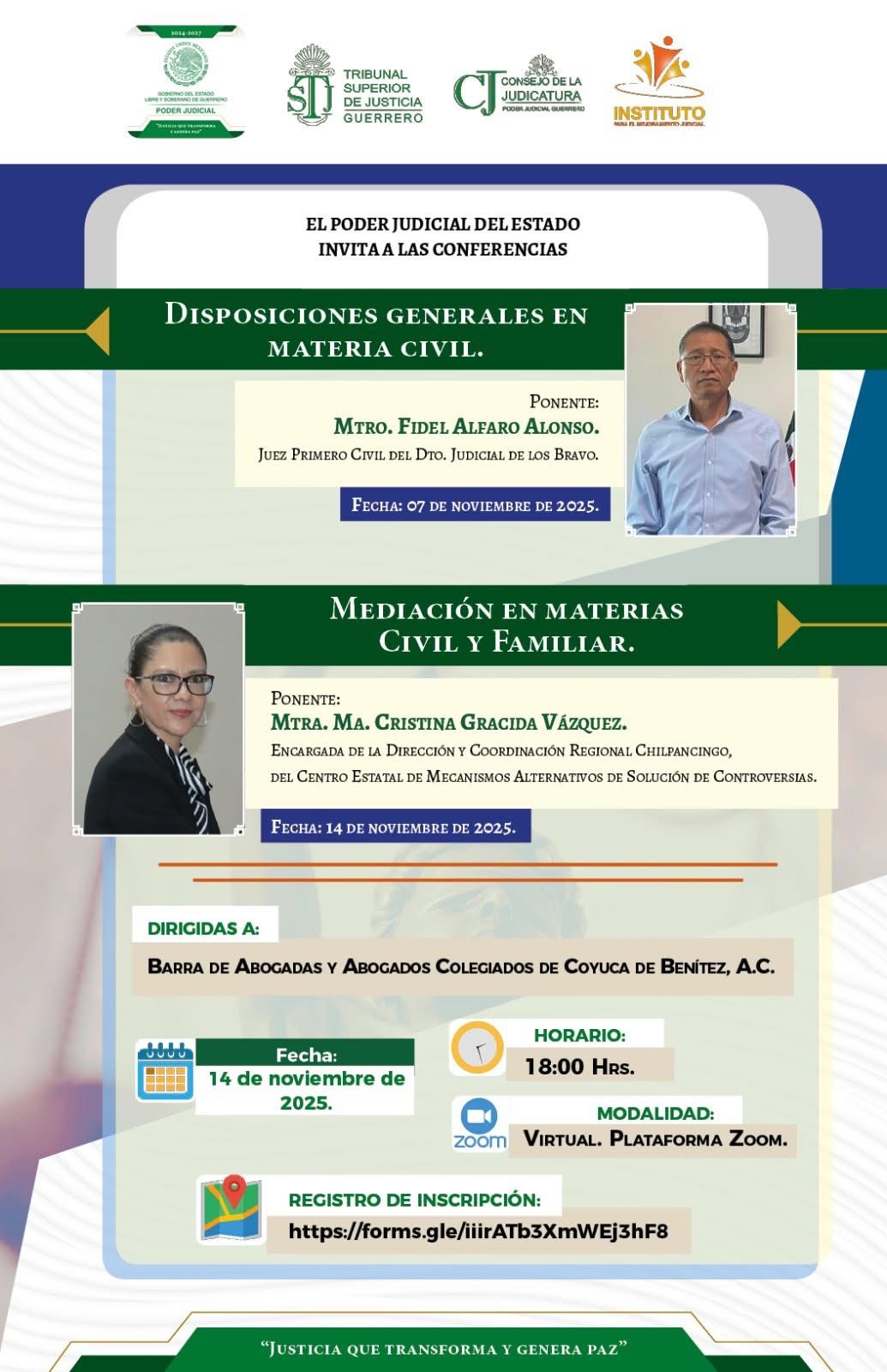 Flyer del curso DISPOCISIONES GENERALES EN MATERIA CIVIL Y MEDIACIÓN EN MATERIAS CIVIL Y FAMILIAR