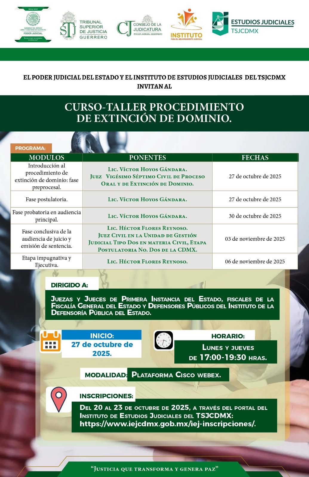 Flyer del curso CURSO-TALLER PROCEDIMIENTO DE EXTINCIÓN DE DOMINIO